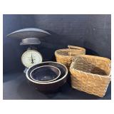 Vintage Scale, Wicker Baskets, Stoneware Bowls.