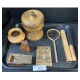 Local Advertising Broom Holder, Wood Carvings.