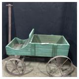 Vtg Primitive Wooden Green Child Pull Wagon.