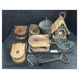 Primitive Wooden Pulleys, Meat Hook.