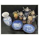 Copenhagen Plates, German Steins, Vase.