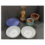 Planters, Huberhaus Pottery, Amber Oil Lamp.