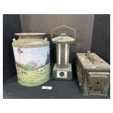 Military Cammo Can, Lantern & Milk Can Tin.
