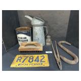 Vtg License Plate, Texaco Oil Can, Dairy Bottle.