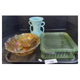 Carnival Glass Bowls, Ceramic Vase, Green Glass
