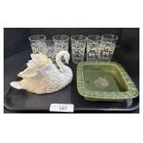 Green Bowl, Swan Planter, Floral Glasses.