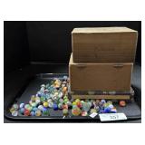 Swirl & Ribbon Core Marbles & Wooden Boxes.