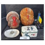 Turkey Cookie Jar, Planter, Folk Art Box.