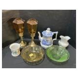 Uranium & Amber Glass Bowls & Teapot.