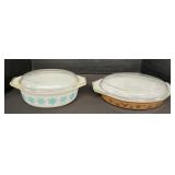 Snowflake & Early American Pyrex Casserole Dishes.
