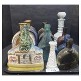 Decanters, Milk Glass Vase & Glass Bottles.