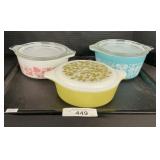 Pink Gooseberry, Butterprint & Olive Pyrex Bowls.