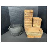 Marietta PA Cast Iron Pot, Wooden Berry Boxes.