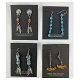 4 Pairs Native American Sterling & Shell Earrings.