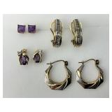 4 Pairs of 10-14 KT Gold Hoop & Amethyst Earrings.