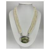 Multi Strand Pearl & Enamel Floral Necklace.