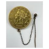 Gold Liberty Head $5 Coin Lapel Pin.
