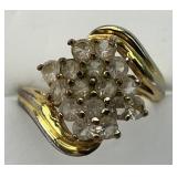 Gold Multi Cluster Clear Gemstone Ring.