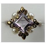 Antique Ornate Gold Amethyst & Pearl Ring.