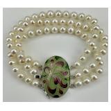 Multi Strand Pearl & Enamel Floral Bracelet.