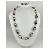 Gold Grey Pearl & Tourmaline Necklace & Earrings.