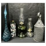 Oil Lamps, Punched Tin Lantern, Vase, Jar.