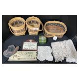 Woven Baskets, Signs, Crochet Doilies.