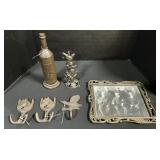 Cast Iron Hooks, Bookend, Candle Holder & Frame.