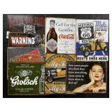 8 Metal Signs (Coca-Cola, Beer, Route 66).