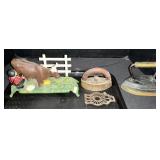 Cast Iron Milking Cow Mechanical Bank, Sad Irons.