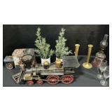 Tin Car Bank, Train, Brass Candlesticks, Oil Lamp.