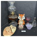 Vtg Oil Lamp, Wall Art Canteen, Glassware.