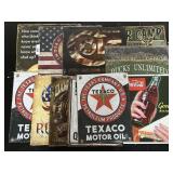 12 Metal Signs (Texaco Oil, Ruger, Indian Cycle).