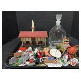 Christmas Ornaments, Glass Decanter, Wooden Barn.