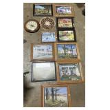Framed Farm Prints,Clock, Embroidery Hoop.