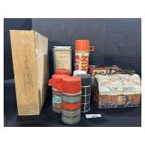 Vtg Tin Lunchboxes, Thermoses, Wine Box.