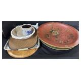 Large Wooden Bowl, Blue Decorated Stoneware.