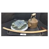 Ceramic Turtle Clock, Brass Pot, White Floral