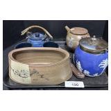 Stoneware Planter & Teapot, Teacups, Lidded Jar.