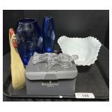 Milk Glass Bowl, Blue Vases, Waterford Crystal