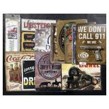 12 Metal Signs & Chevy Adv Thermometer.