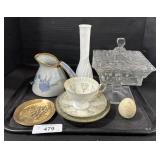 Glass Pedestal Dish, Milkglass Vase, Tea Cups.