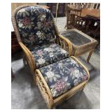 Vtg Wicker Rattan Armchair & Ottoman, End Table.