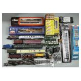 Train Cars, HO Scale Tracks, Twin Coil Switches.