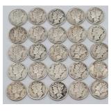 (25) 1917-1945 Mercury Head 90% Silver Dimes