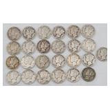 (25) 1925-1945 Mercury Head 90% Silver Dimes
