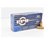 (50) 9 mm Ruger 115 Gr FMJ PPU Ammo