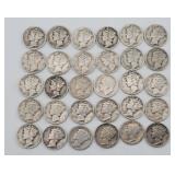 (30) 90% Silver Dimes: 29 Mercury, 1 Roosevelt