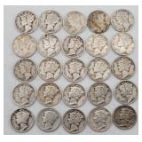 (25) 1924-1945 Mercury 90% Silver Dimes