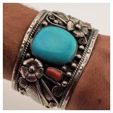 Navajo Sterling, Turquois & Coral Heavy Cuff ...